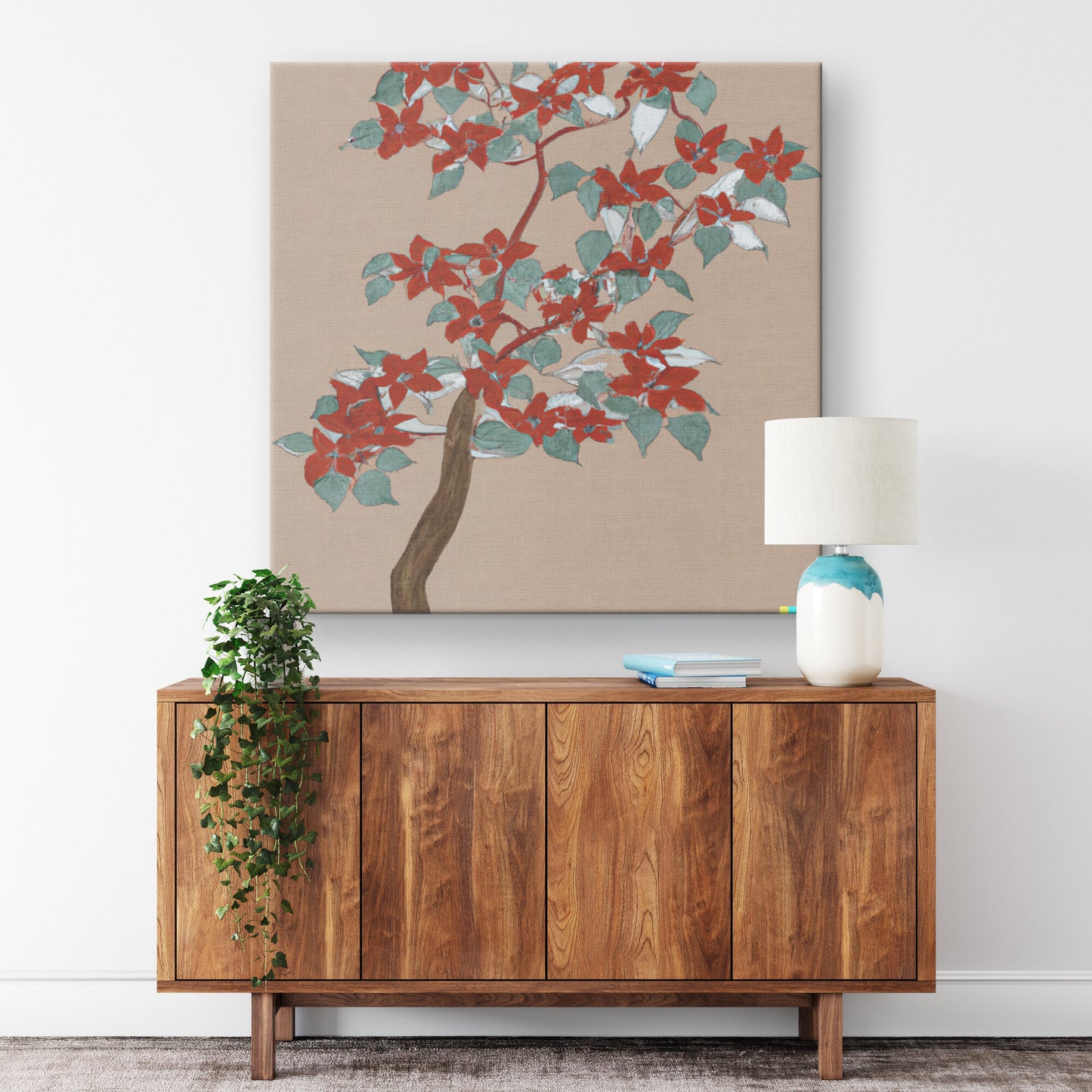 AI Generated Minimalist Painting of a Red and White Dogwood Tree