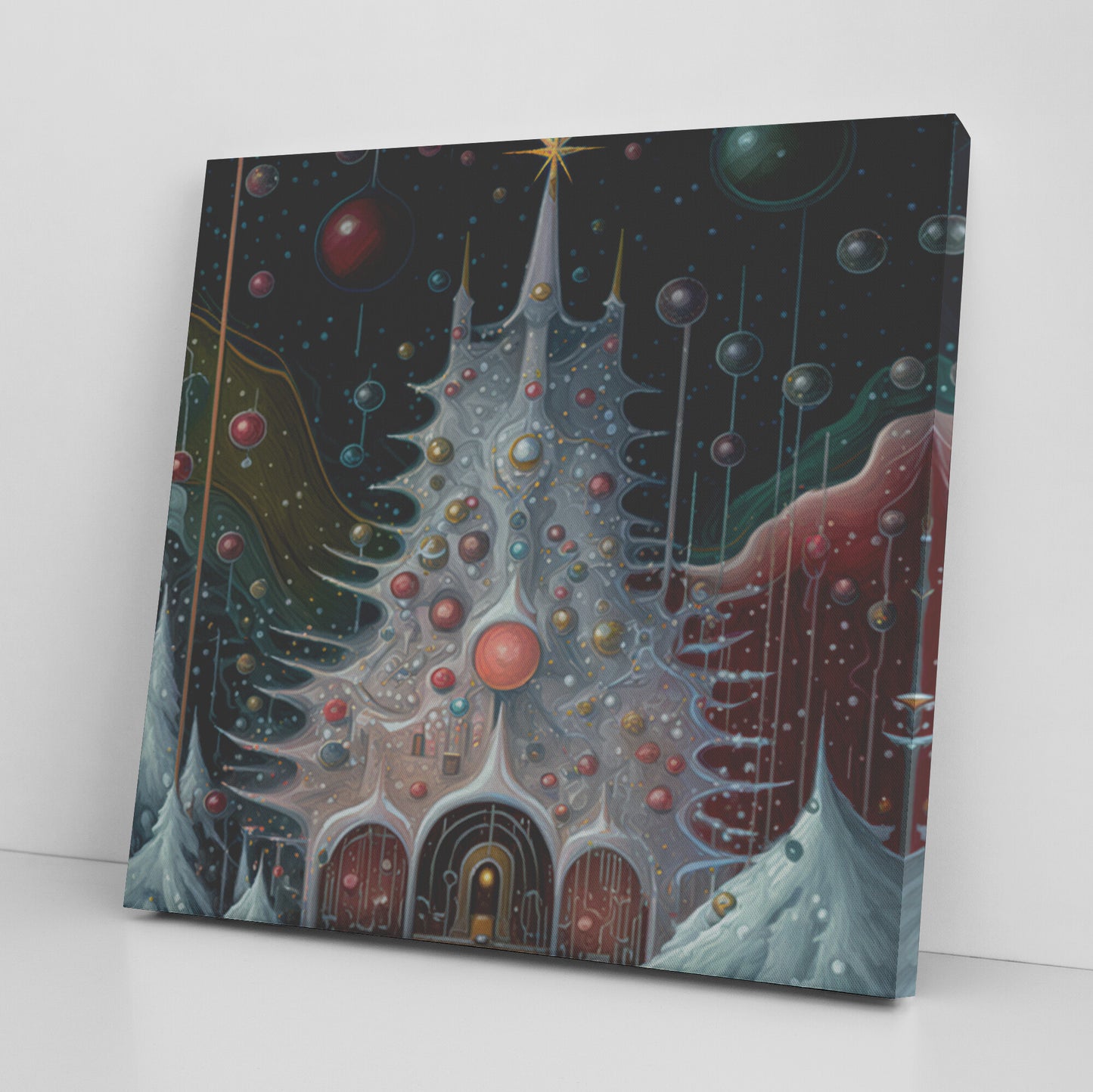 Abstract Snowy Christmas Tree Painting, Midjourney AI Generated Christmas Art