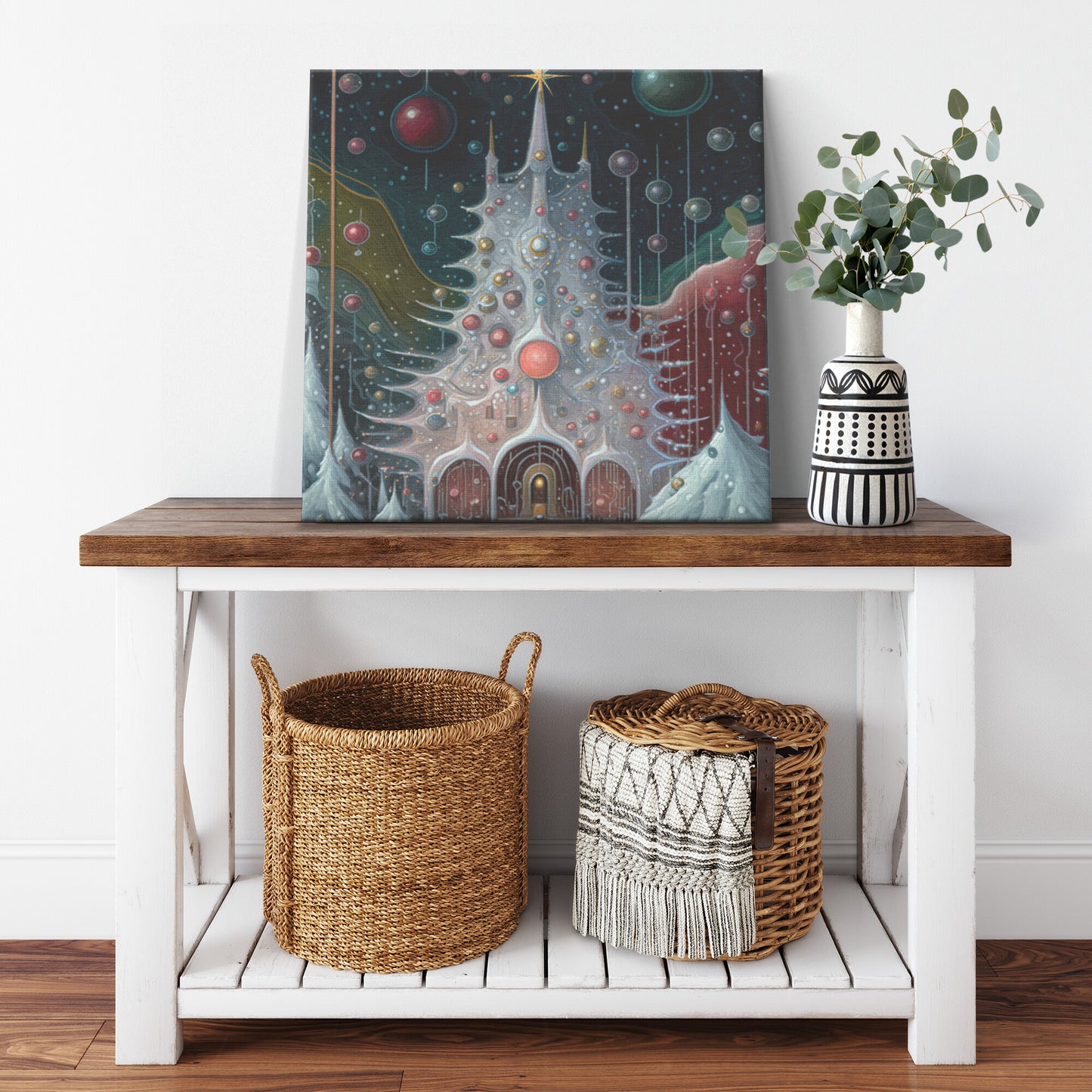 Abstract Snowy Christmas Tree Painting, Midjourney AI Generated Christmas Art