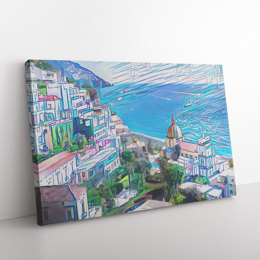 Art Deco Style Positano Landscape, Italian Coastline Art, AI Art