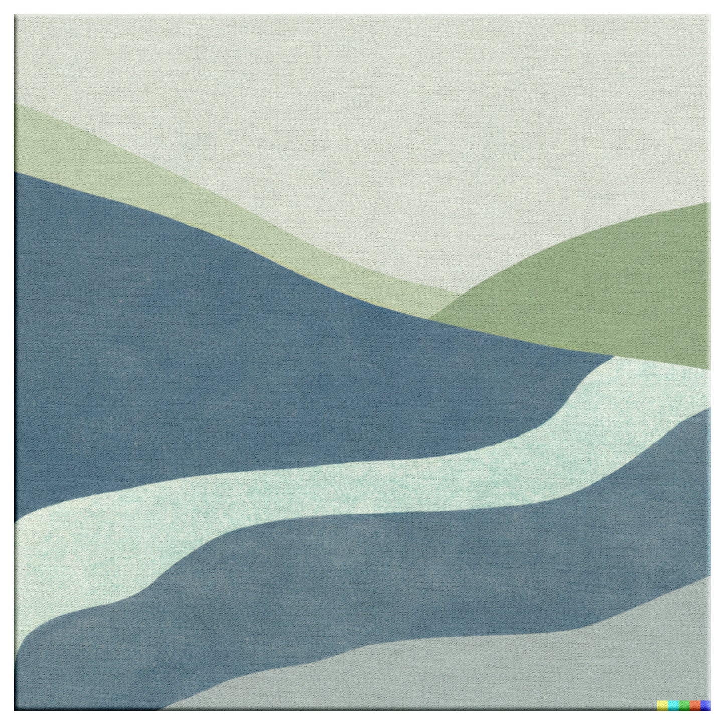 Blue Green Scandi Minimalist Stream Landscape, AI Art