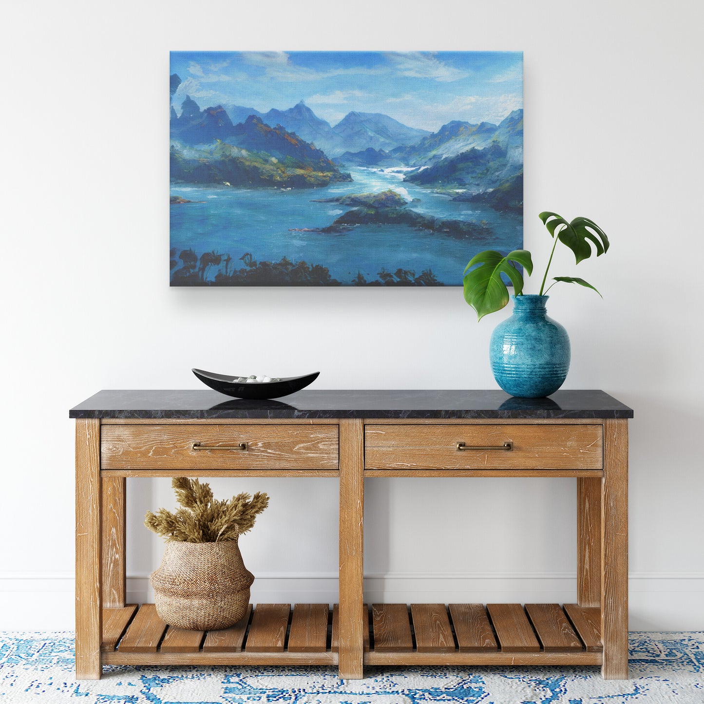 Blue Monochromatic Landscape Print, Blue Watercolor Mountain Painting, AI Art