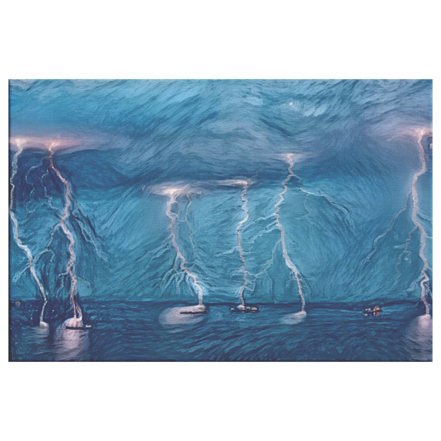 Blue Painting of Lightning over Ocean, Ocean Storm Print, AI Art