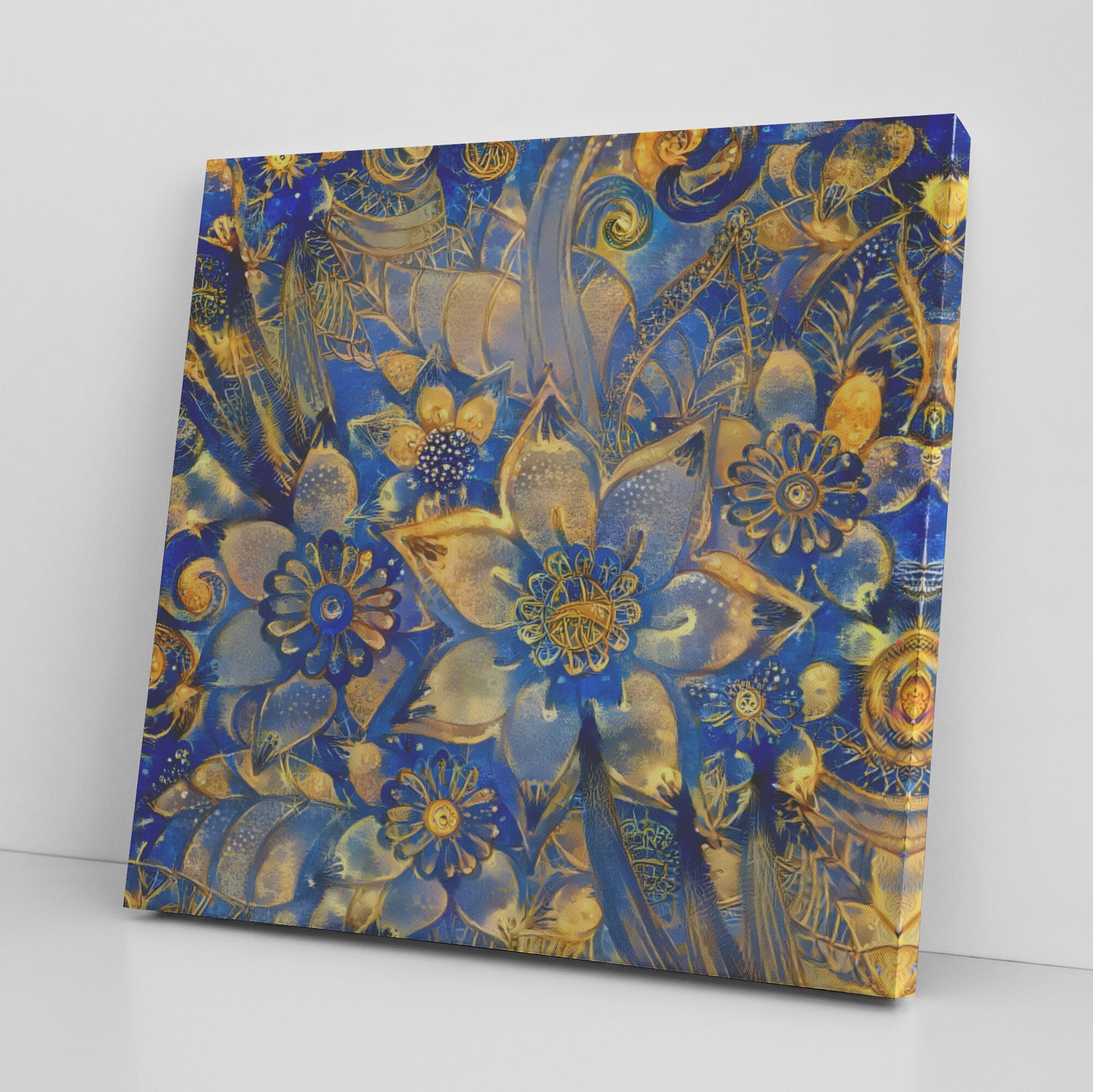 Blue and Gold Zentangle Flower Art, Zentangle Canvas, AI Art