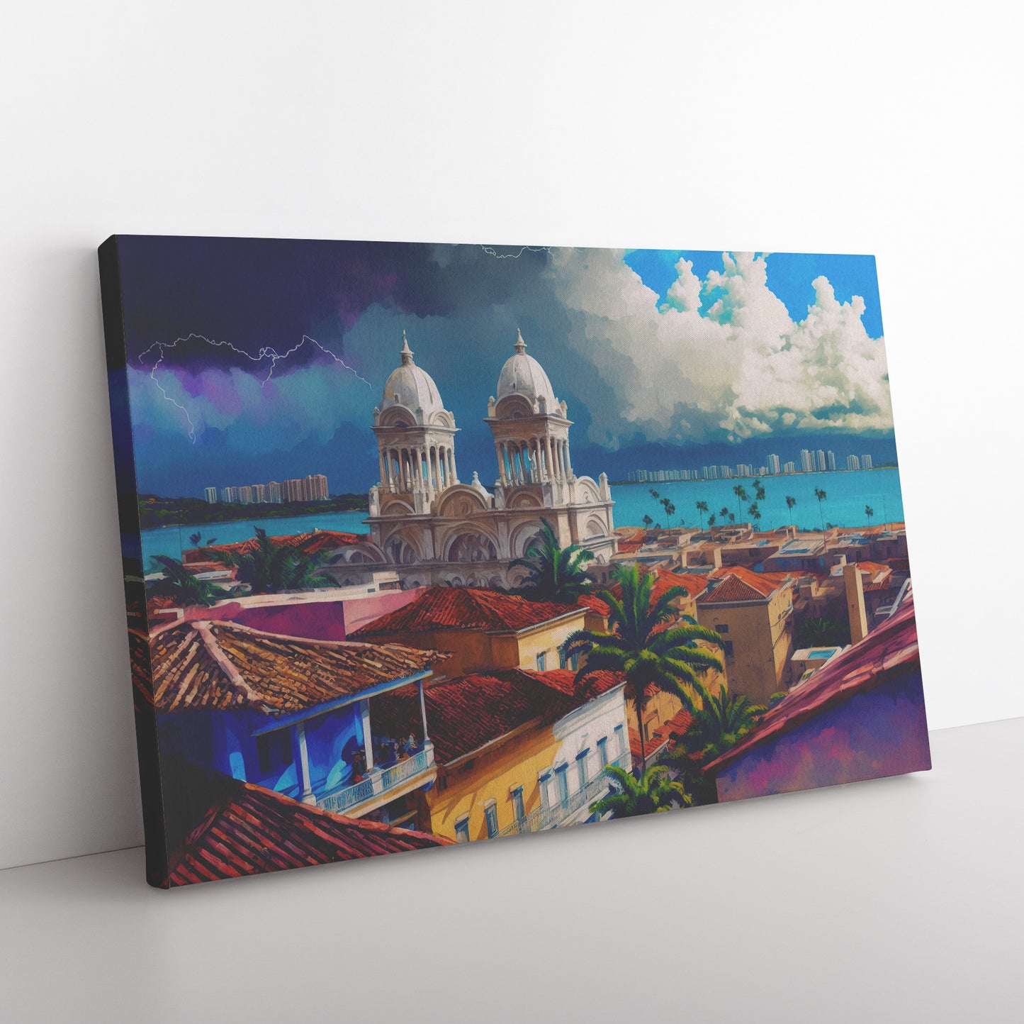 Cartagena Watercolor Print, Cartagena Skyline, Cartegena Impressionist Landscape, Midjourney AI Art