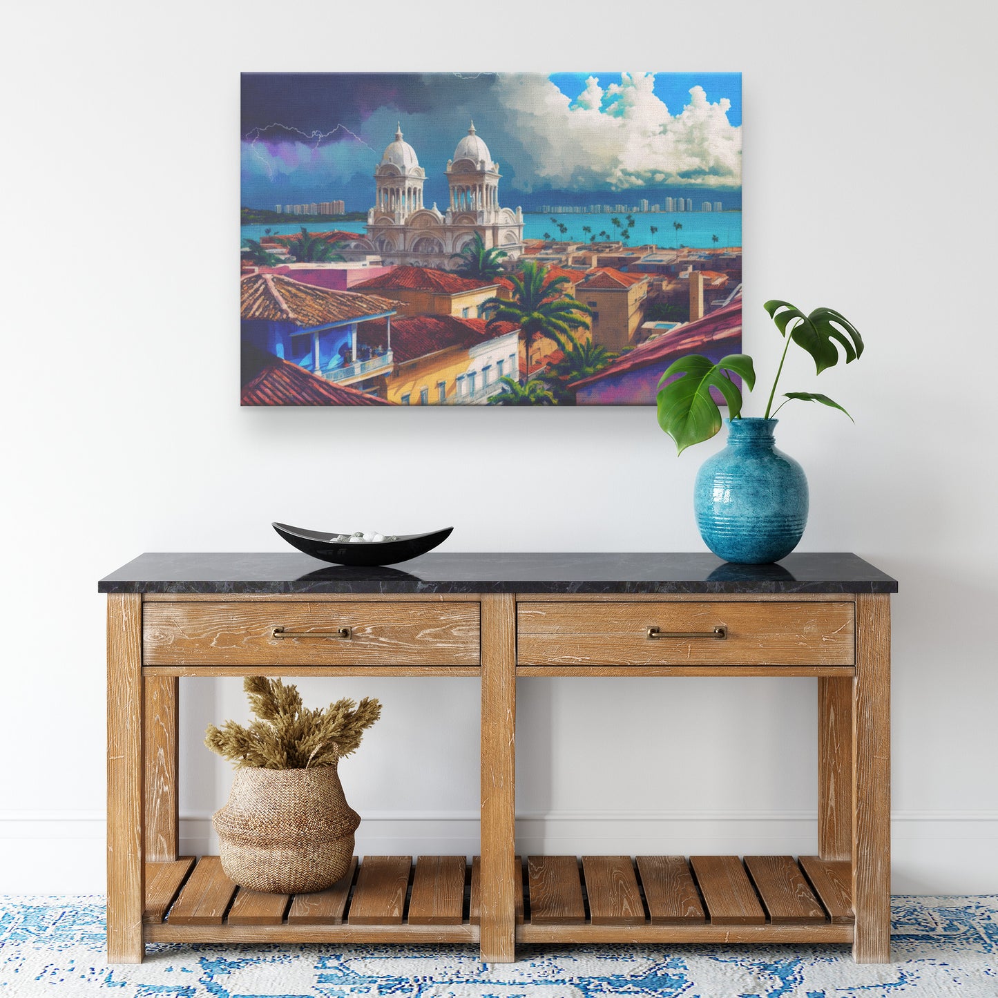 Cartagena Watercolor Print, Cartagena Skyline, Cartegena Impressionist Landscape, Midjourney AI Art