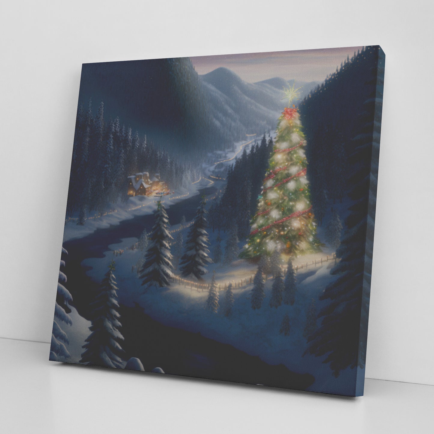 Christmas Oil Painting, Mountain Christmas Tree Landscape Painting, Christmas Wall Decor