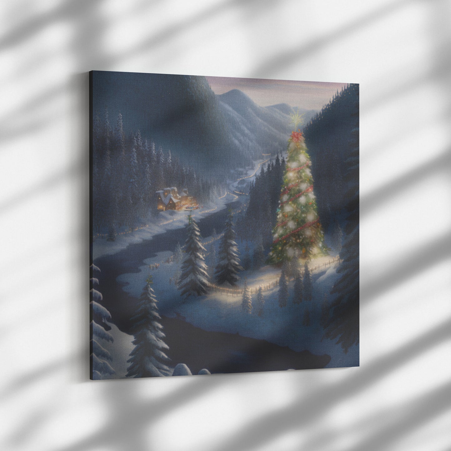 Christmas Oil Painting, Mountain Christmas Tree Landscape Painting, Christmas Wall Decor