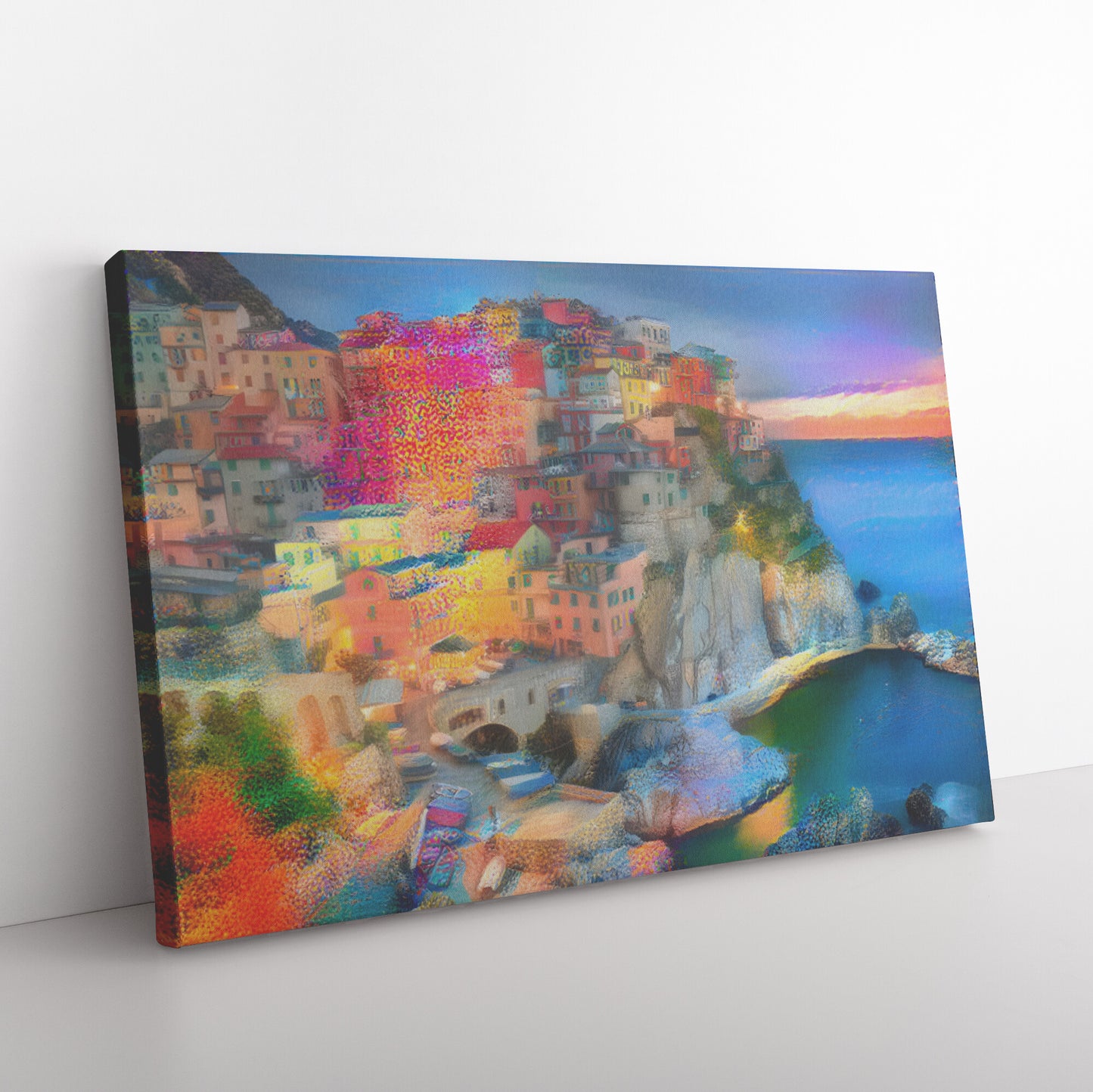 Cinque Terre Wall Art, Pointillist Landscape, AI Art