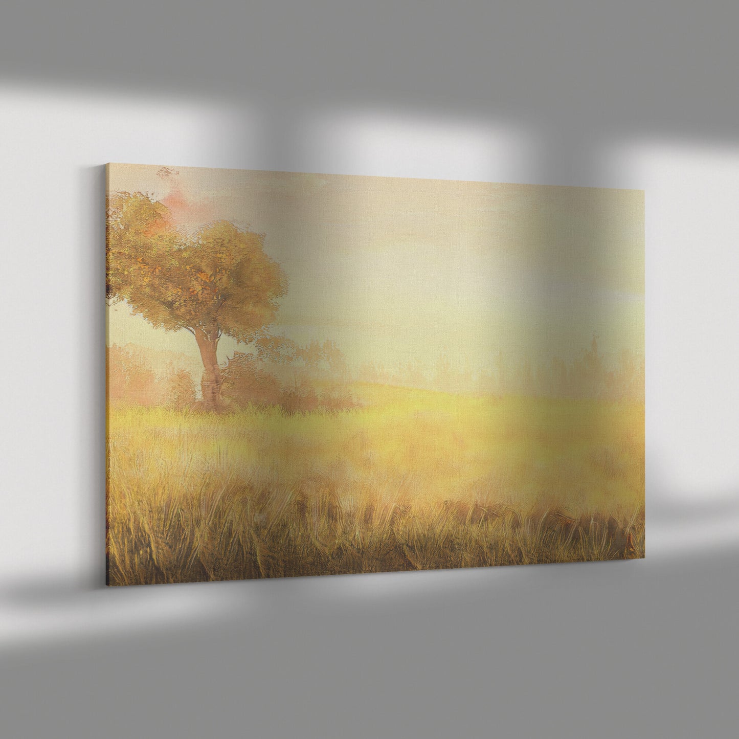 Gold Monochromatic Landscape, Yellow Landscape Print, AI Art