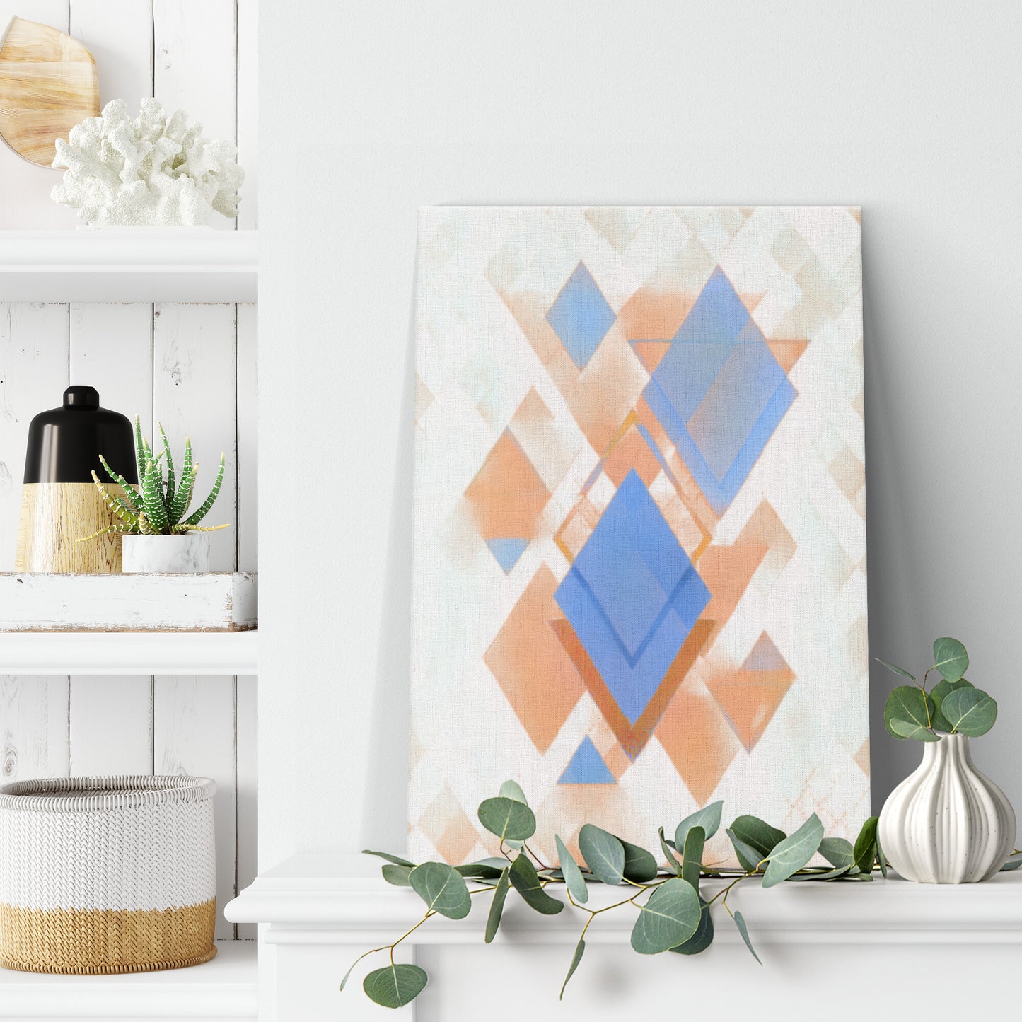 Japandi Blue and Orange Geometric Print, AI Art