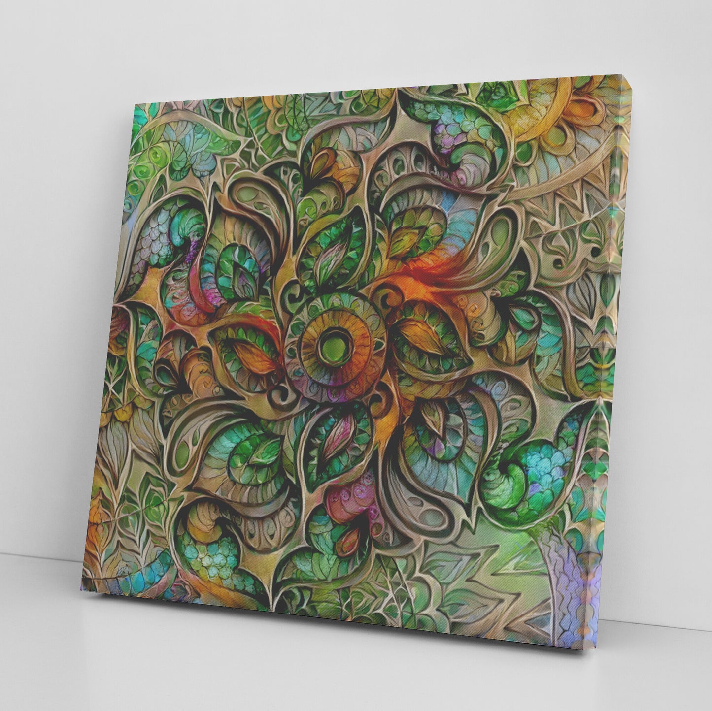 Layered Floral Zentangle, Green and Orange Zentangle, AI Art