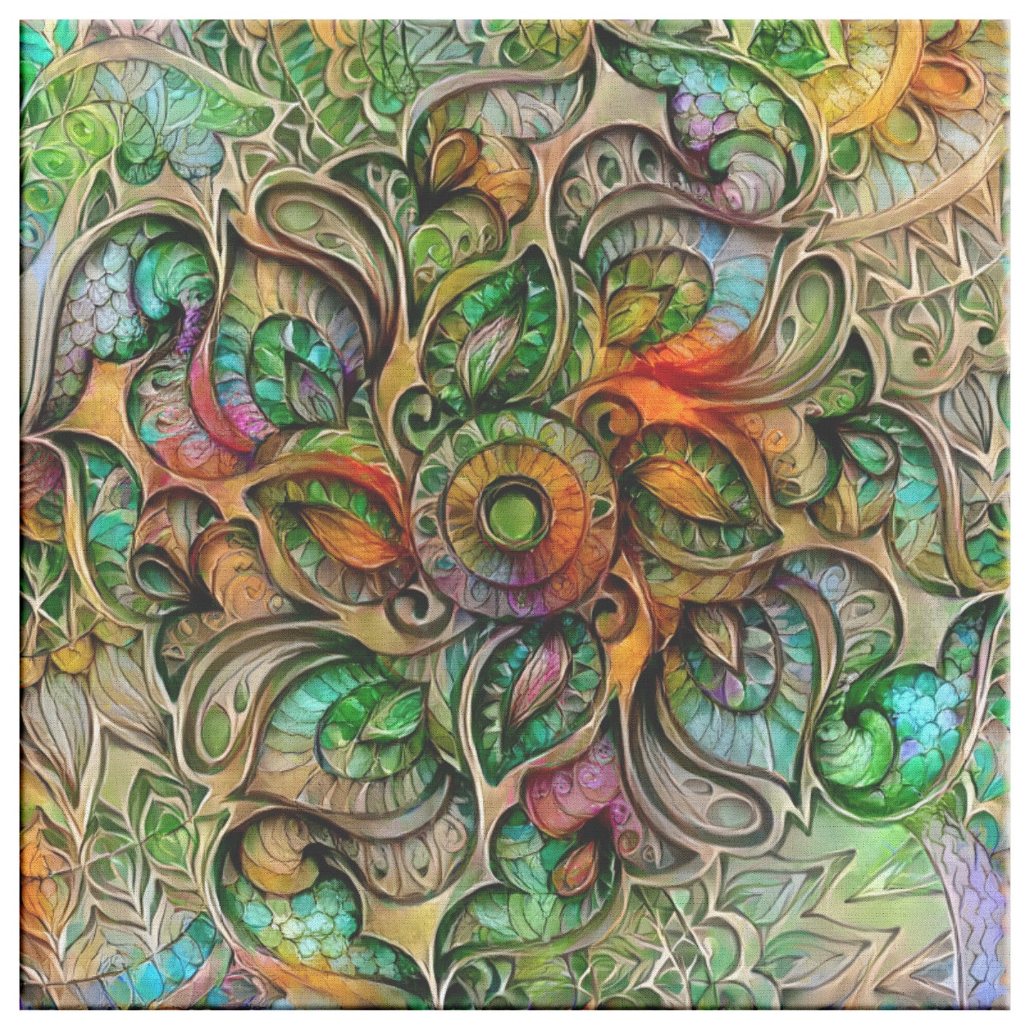 Layered Floral Zentangle, Green and Orange Zentangle, AI Art