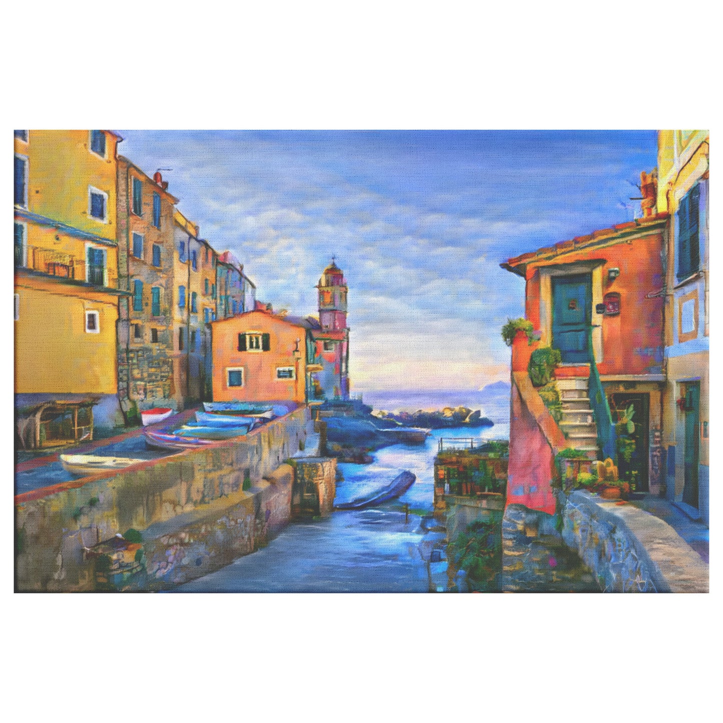 Lerici Coastline Painting, Italian Riveria Art, AI Art