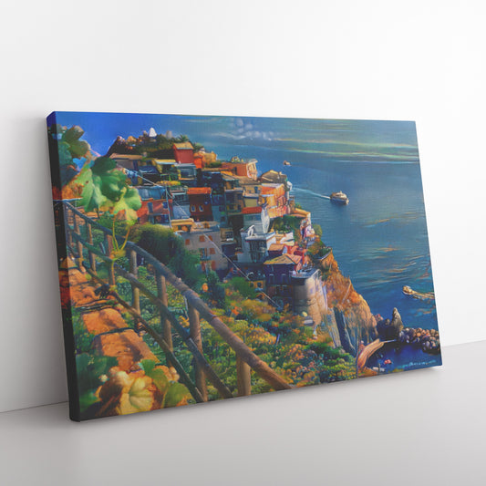 Manarola Coast Painting, Cliffside Houses Landscape, AI Art