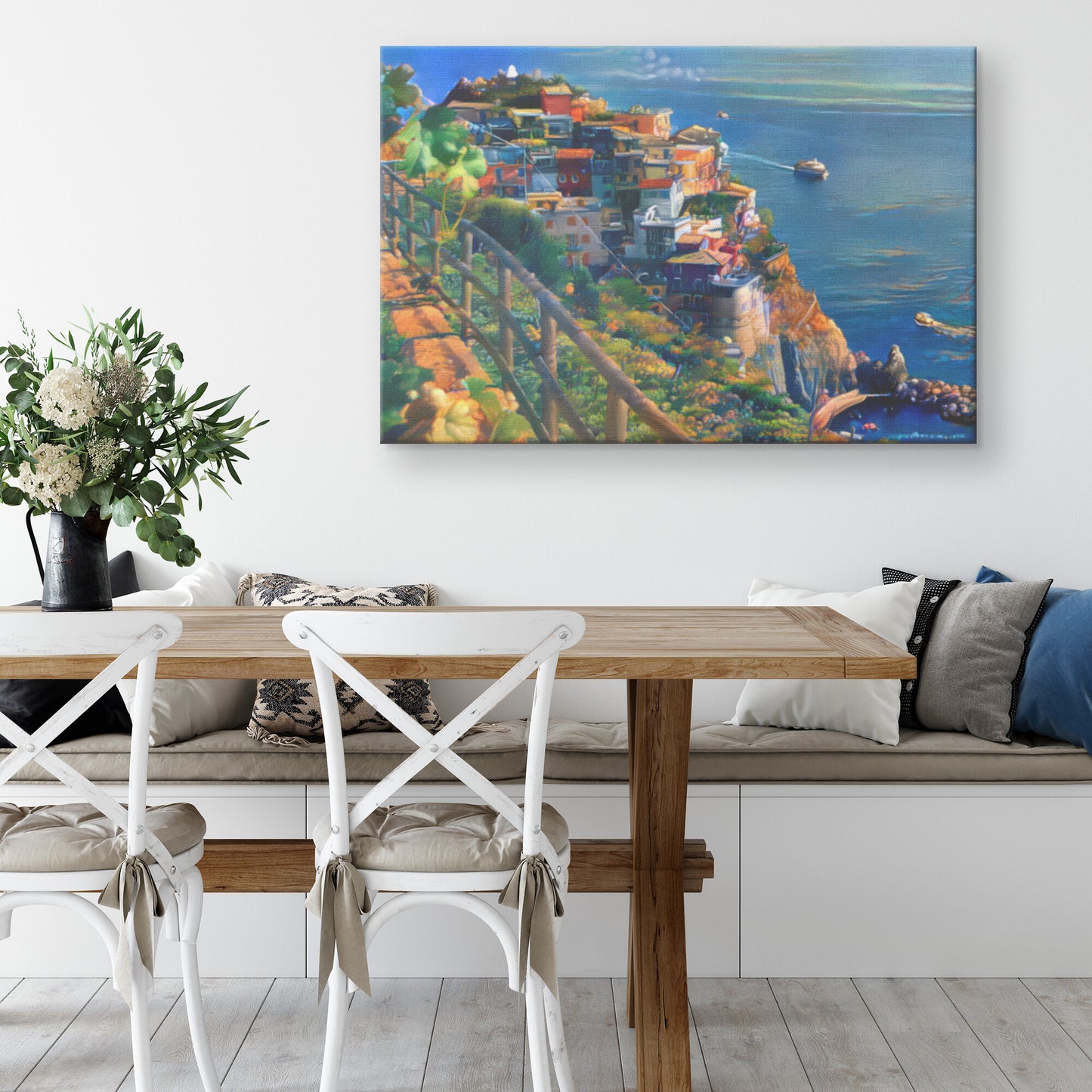 Manarola Coast Painting, Cliffside Houses Landscape, AI Art