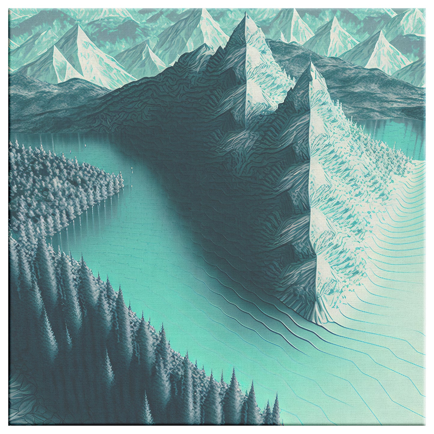 Monochromatic Blue Green Alpine Landscape, Abstract Mountain Concept Art, Midjourney AI Art