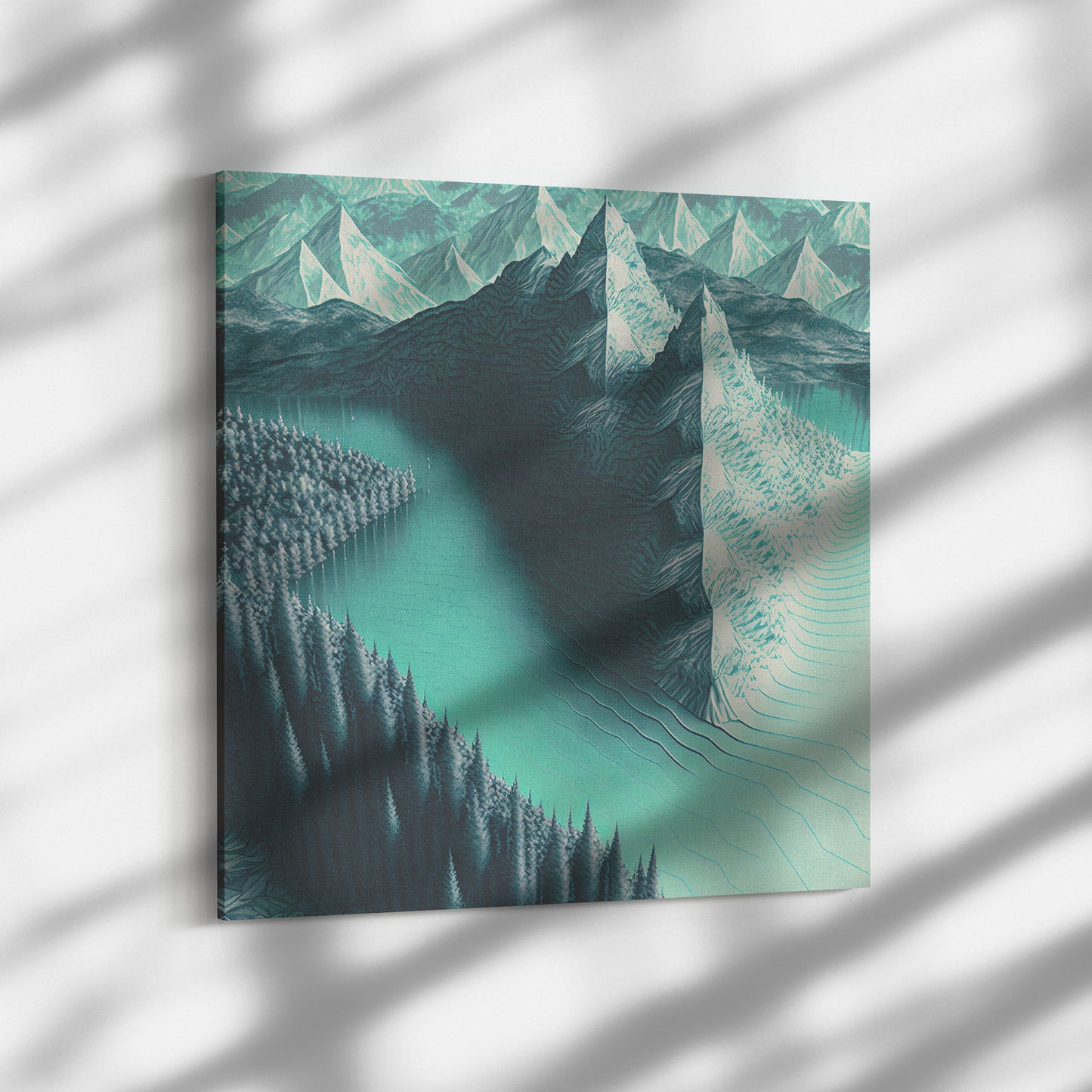Monochromatic Blue Green Alpine Landscape, Abstract Mountain Concept Art, Midjourney AI Art
