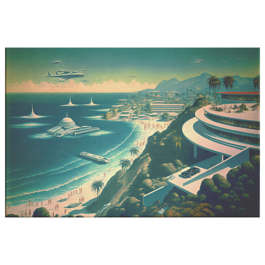 Retro Futuristic Beach Resort Print, Tropical Resort Poster, Midjourney AI Art