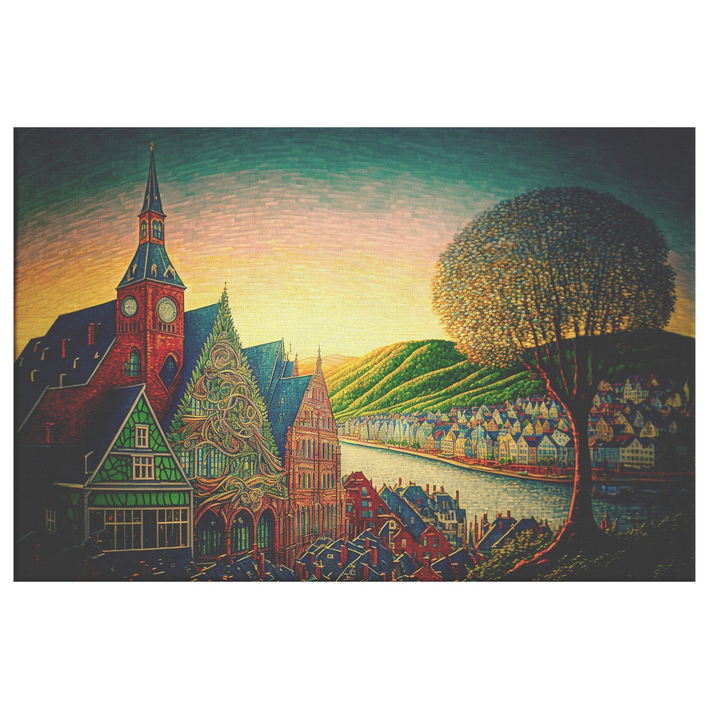 Rhine River Sunset Painting, Bacharach Germany Landscape Print, Midjourney AI Art