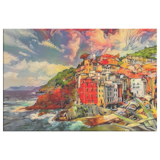 Riomaggiore Landscape Canvas, Italian Coastline Impressionist Print, AI Art