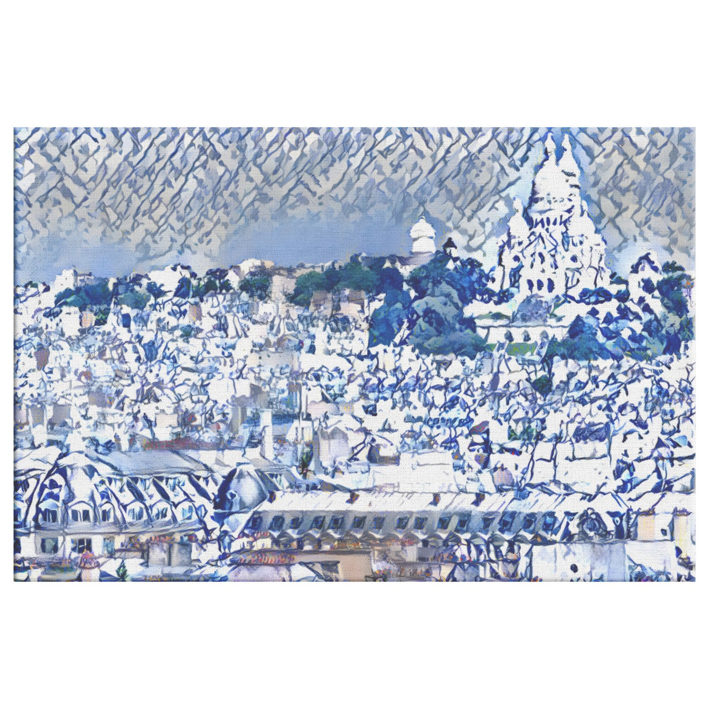 Sacre Coeur Montmartre Landscape, Blue and White Paris Print, AI Art