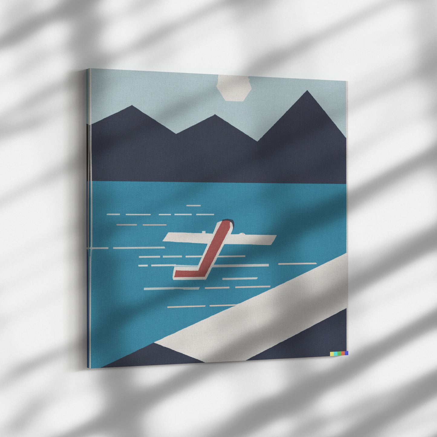 Scandi Abstract Wall Art, NFT Backed, Print of a Seaplane Landing on a Mountain Lake