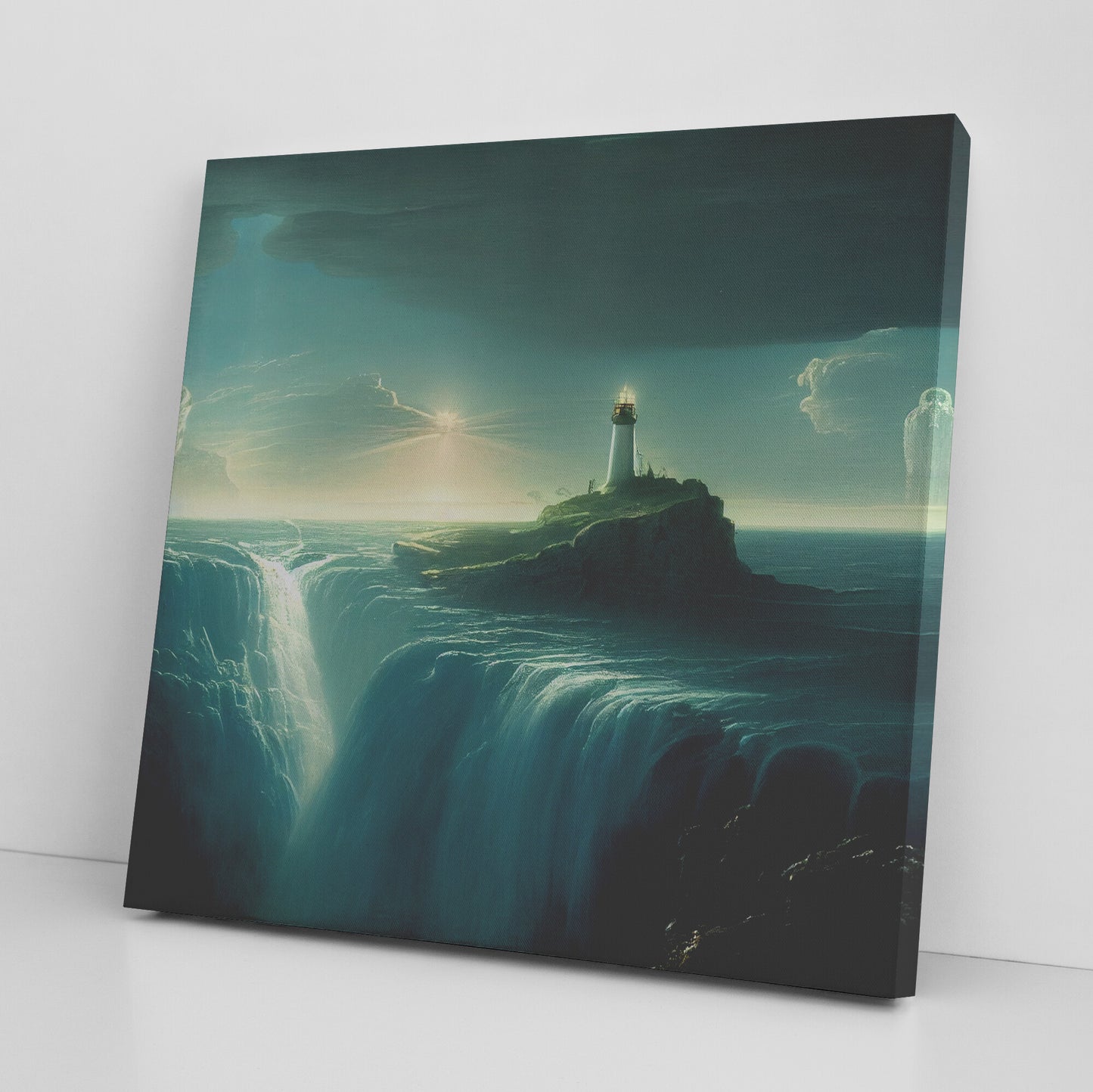 Seascape Painting, Lighthouse Seascape Print, Edge of the World, Midjourney AI Art