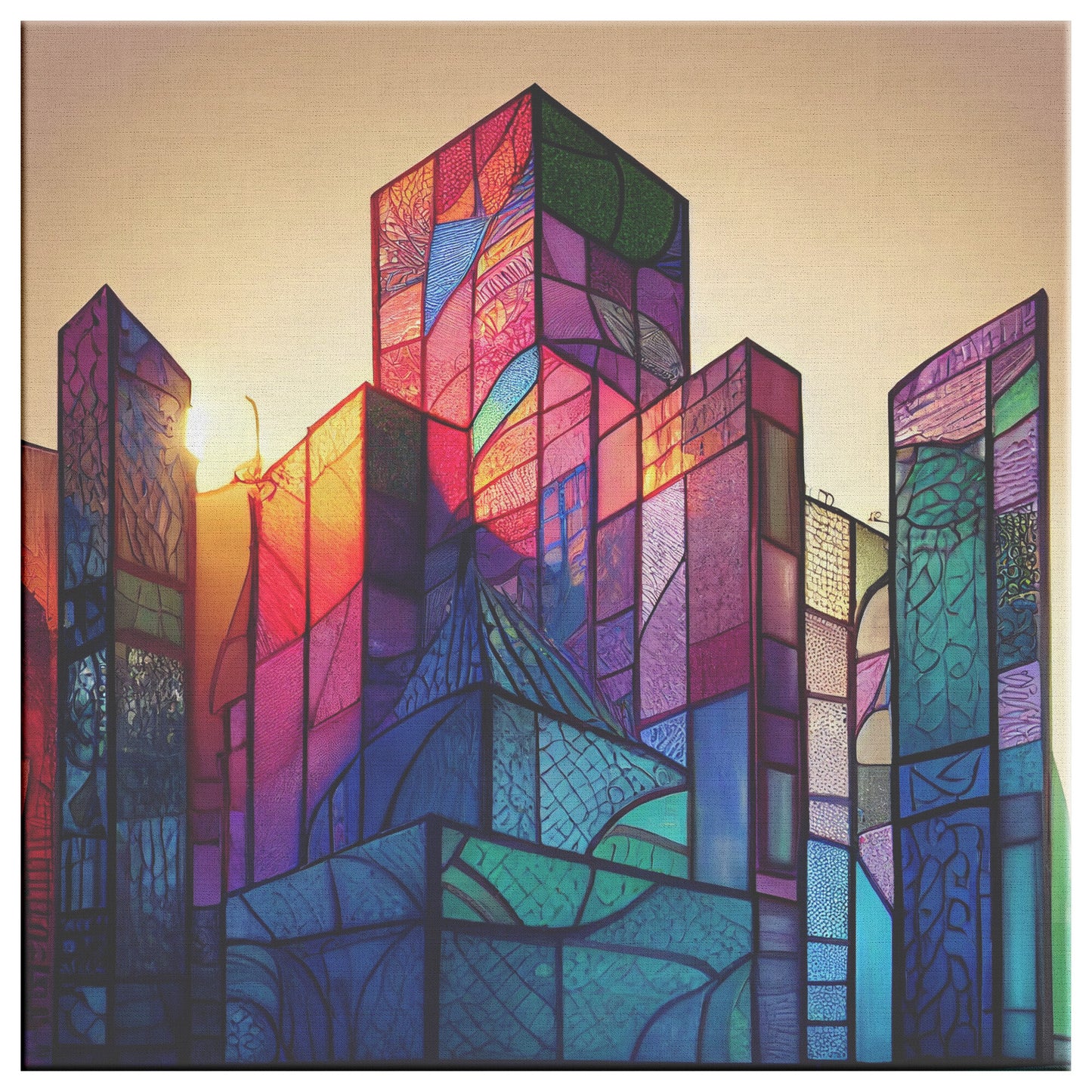 Stained Glass City Art, Fantasy Colorful City Concept Art, Midjourney AI Art