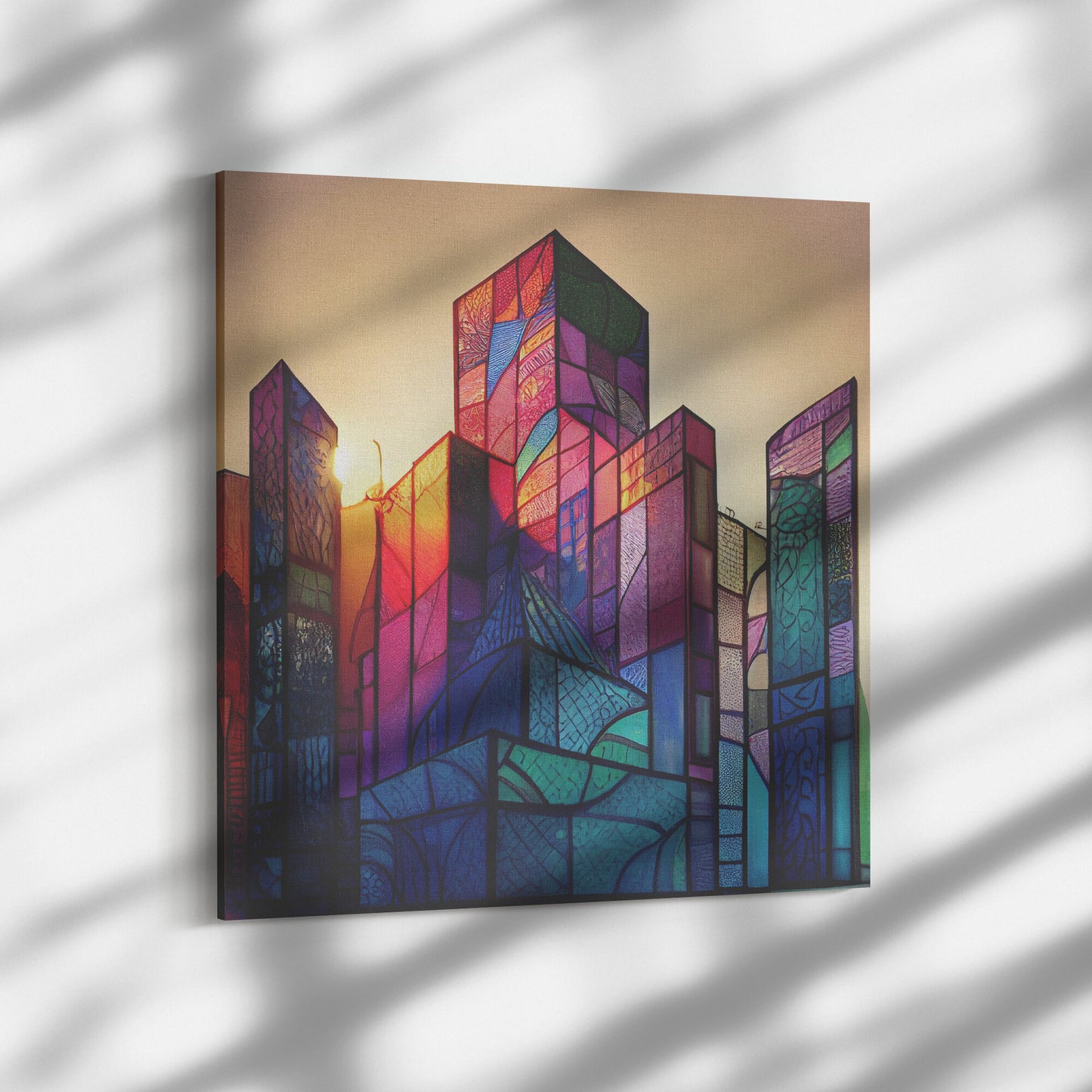 Stained Glass City Art, Fantasy Colorful City Concept Art, Midjourney AI Art