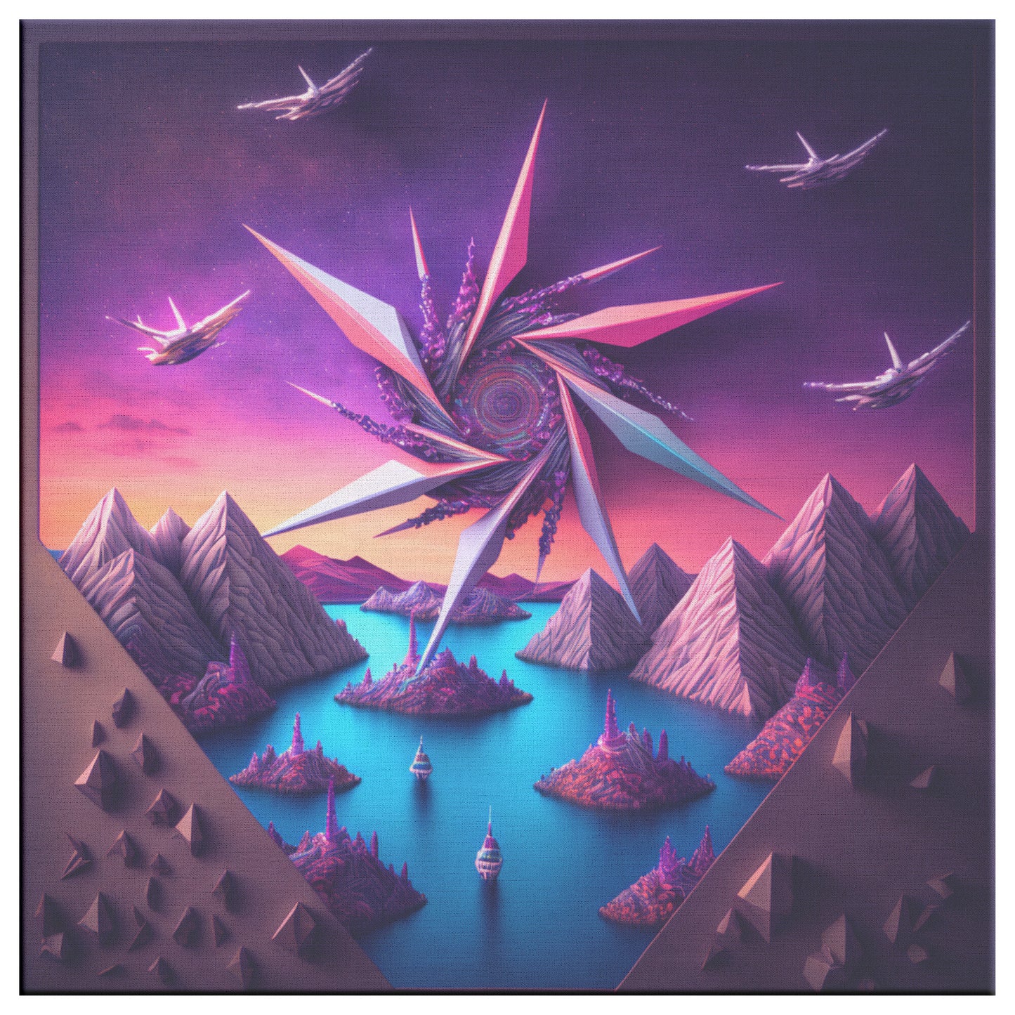 Synthwave Origami Wall Art, Origami Landscape Print, Midjourney AI Art