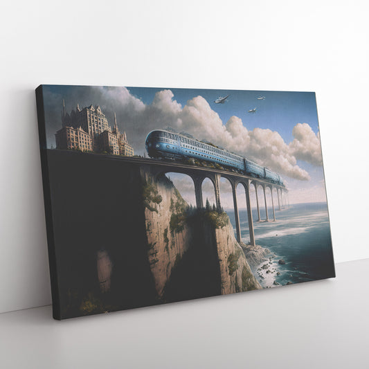 Train Concept Art, Retro Futuristic Train Print, Coastal Bridge Landscape, Midjourney AI Art