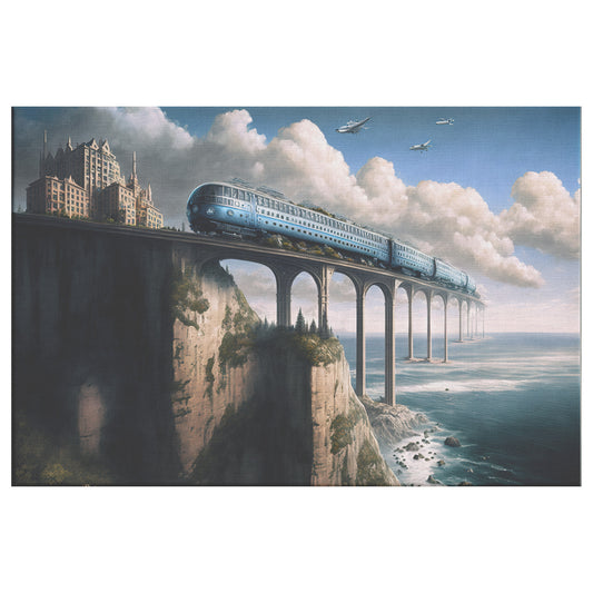 Train Concept Art, Retro Futuristic Train Print, Coastal Bridge Landscape, Midjourney AI Art